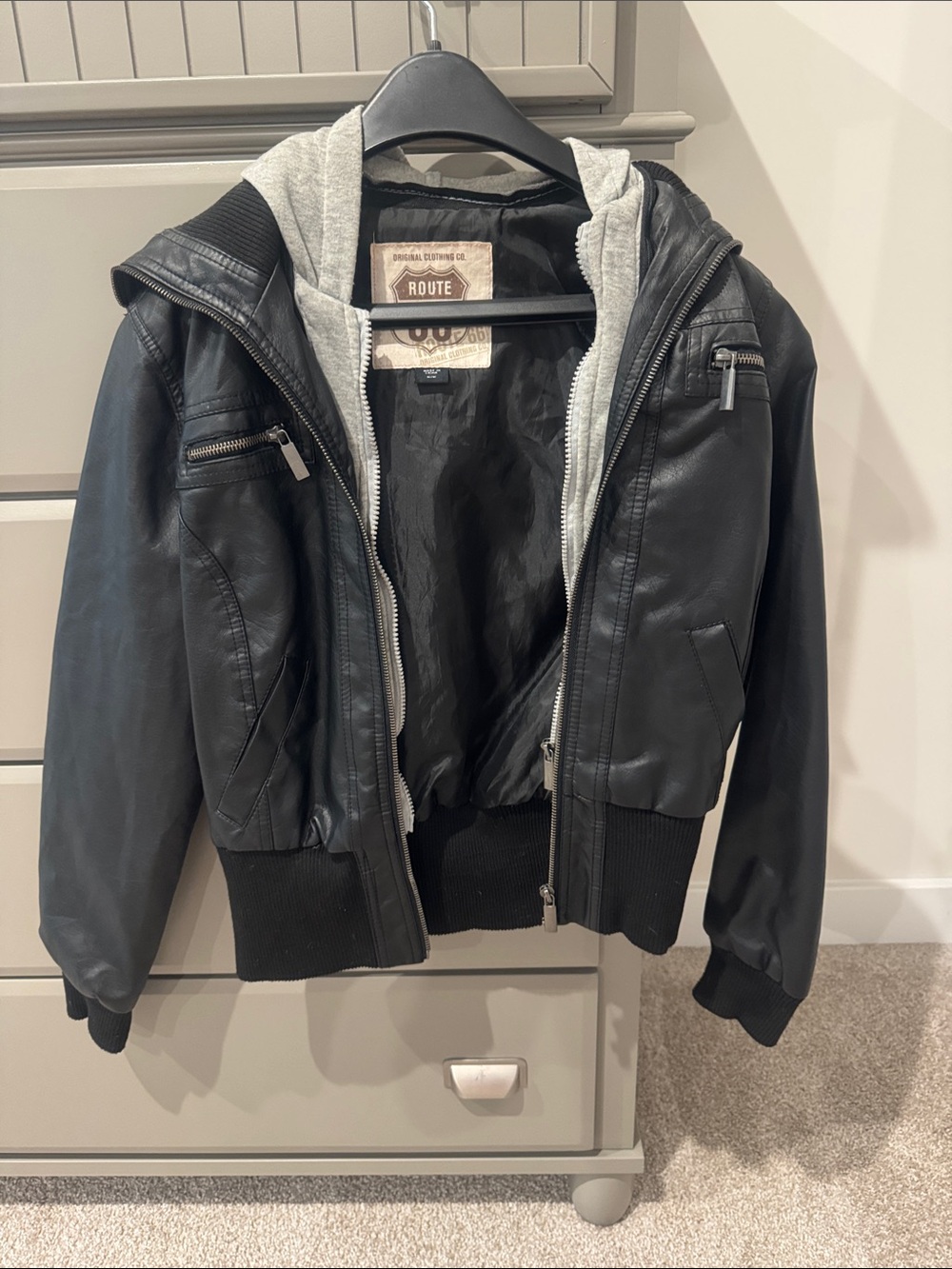 Black Faux Leather Hooded Jacket with Gray Lined Hoodie